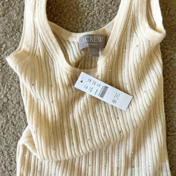 J Crew Featherweight Cashmere Rhinestone Tank Nude Buttercream Holiday XXS 0 - Picture 2 of 3